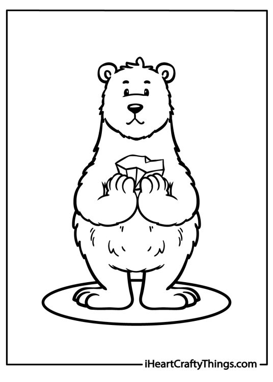 Printable coloring page of a bear standing on a round platform holding up a block of ice