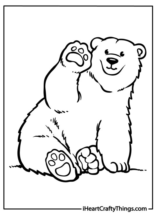 Printable page to color of a playful bear sitting back on his hind legs and waving his front paw