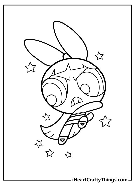 Powerpuff Girls-themed coloring sheet feauturing Blossom in a fight with starts in the background