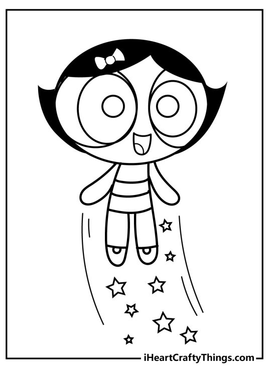 Coloring sheet for kids of a Buttercup flying through the air with a big smile on her face and stars below her