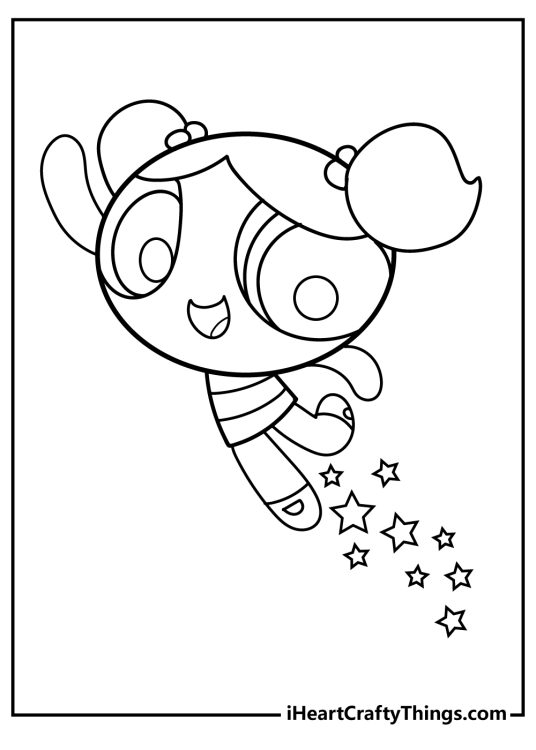 Powerpuff Girls coloring printable featuring happy Bubbles in a motion and stars below her
