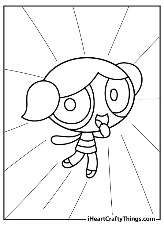 Coloring sheet featuring excited Bubbles holding left hand near mouth surrounded by lines in the background