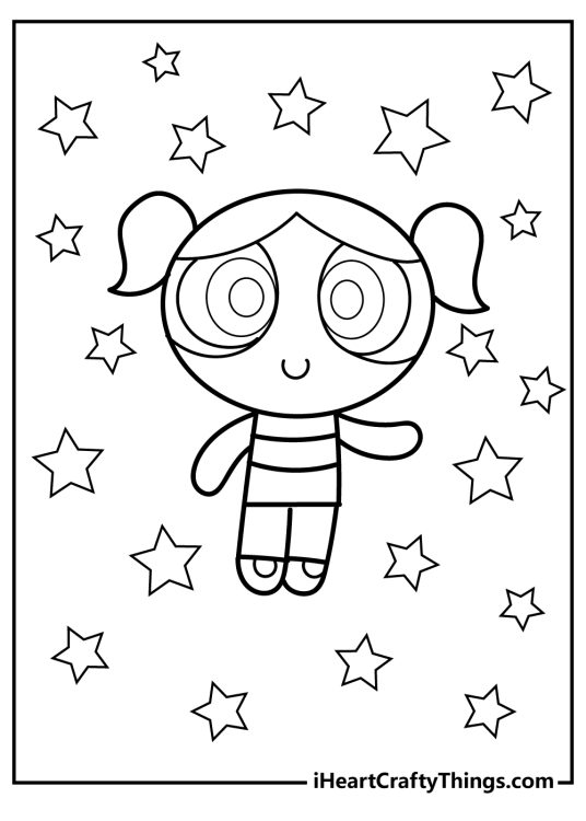 Detailed coloring picture for kids of Bubbles with many stars in the background