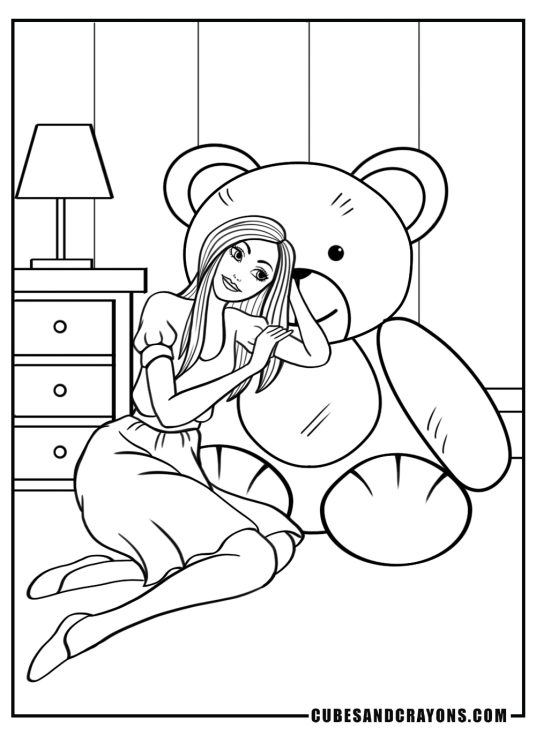 Black-and-white image for kids featuring pretty princess relaxing at home with a giant teddy bear
