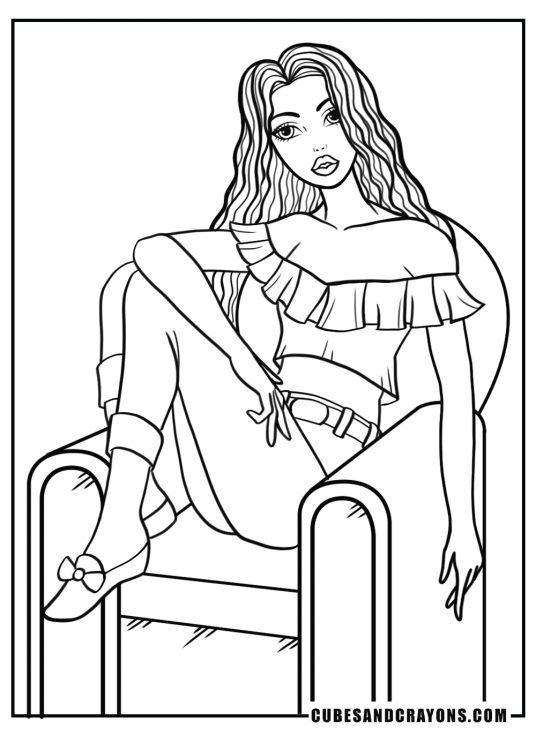 Princess-themed coloring page featuring princess sitting in the armchair in a relaxed pose