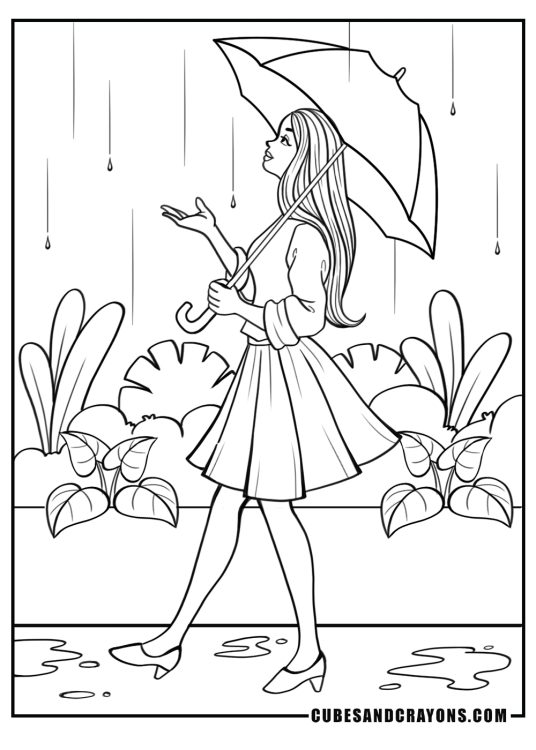 Coloring picture for kids featuring rainy scene with the princess on a walk with her umbrella