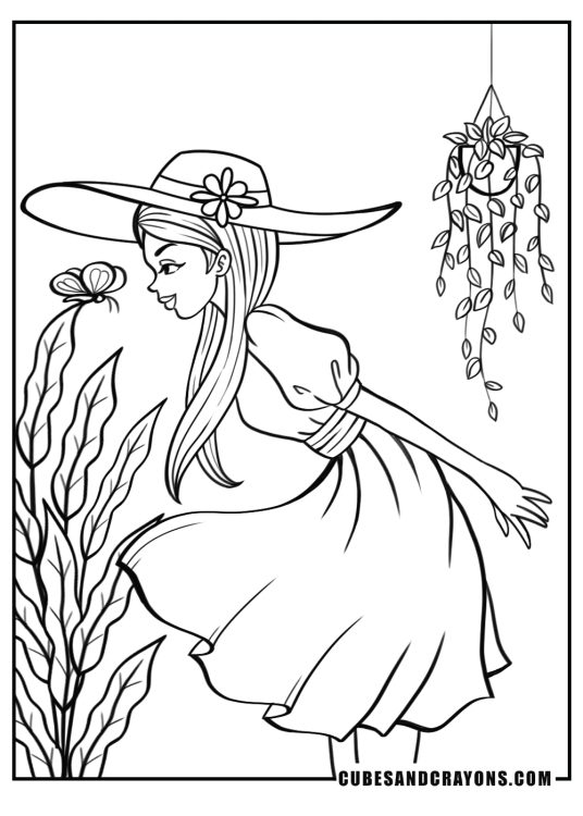 Free printable of a princess with a big sun hat looking at pretty butterfly sitting on a plant in the garden