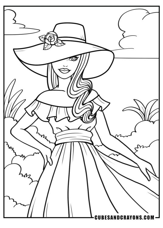 Printable picture featuring glamorous princess posing in a garden with a stunning hat and off-the-shoulder dress