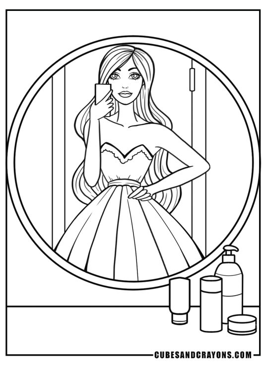 Detailed drawing of a princess making sure her look is perfect in the mirror before heading out