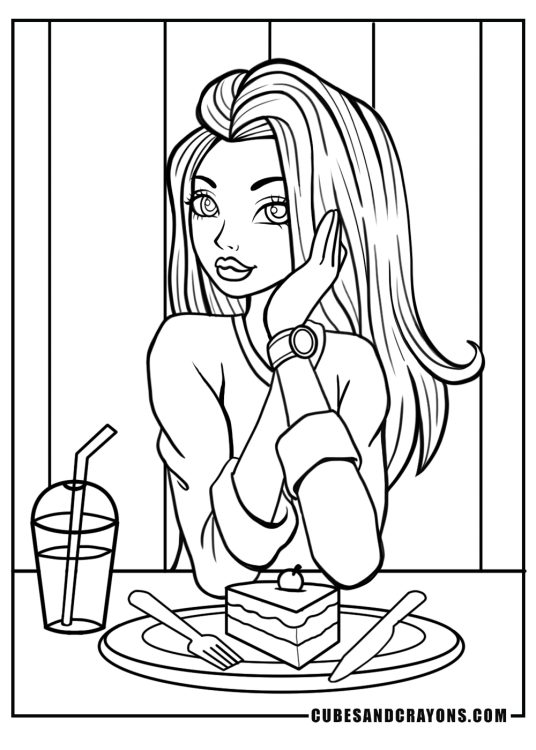 Coloring printable showing a princess who is about to enjoy a tasty slice of cake and a coctail