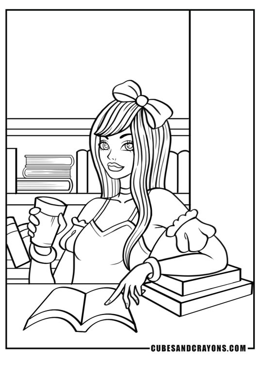 Coloring page of a fancy princess featured in the library reading a book with a cup of coffee in her hand