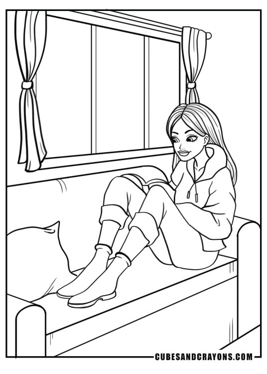 Detailed coloring picture of a princess looking very cozy as she relaxes on her sofa with a book