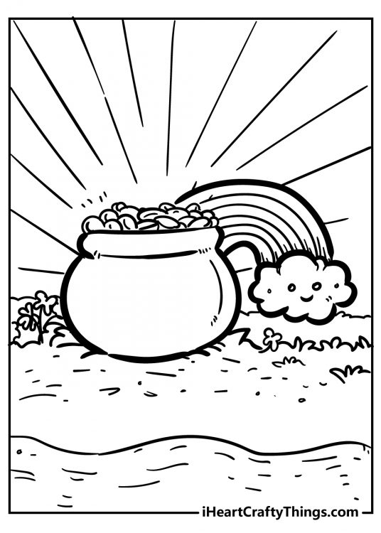 Printable picture to download featuring big pot of gold and a small rainbow with a smiling cloud