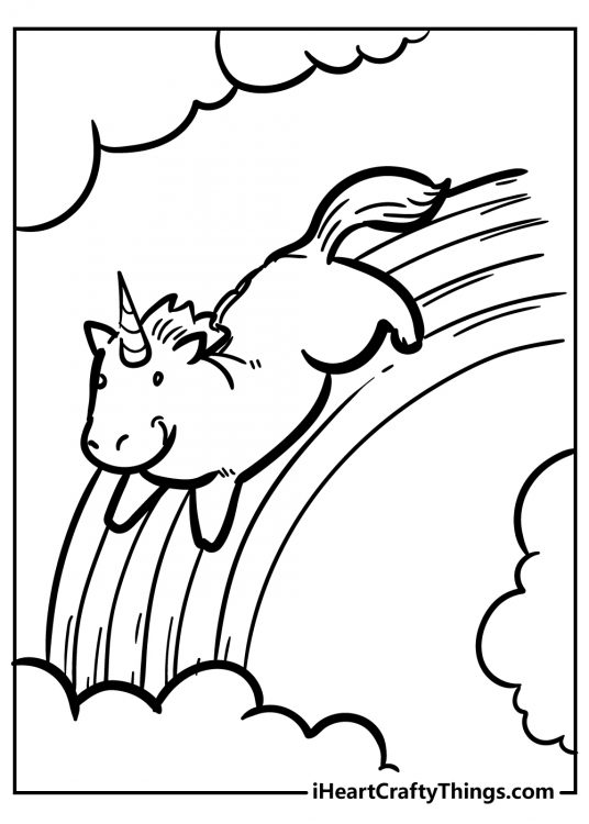 Image to print and color featuring cute unicorn running down a rainbow with clouds all around