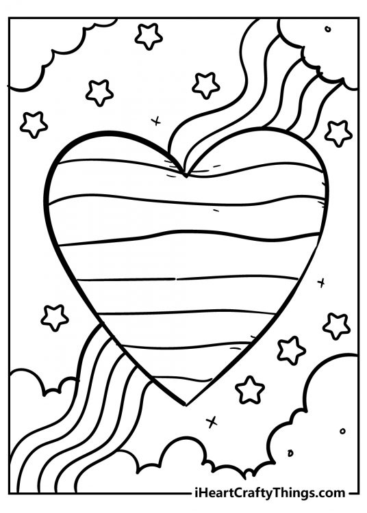 Coloring page presenting a rainbow coming down from the clouds and forming a rainbow heart