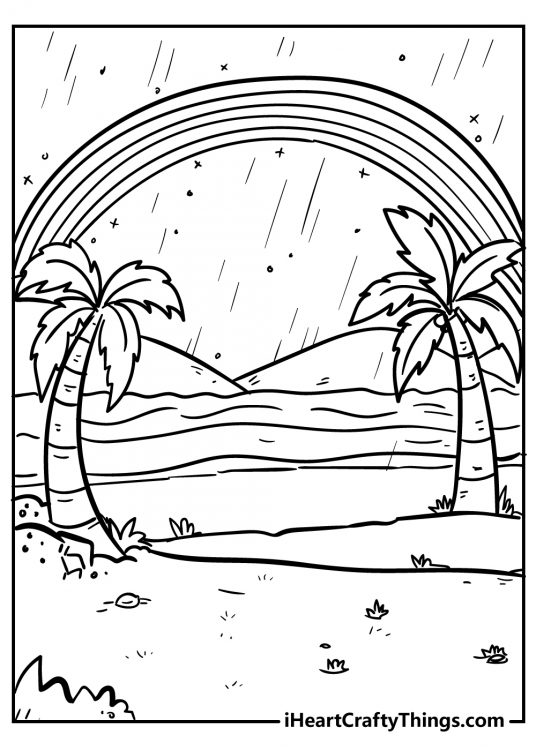 Printable card featuring rainbow with rain coming down over a beach with two palm trees