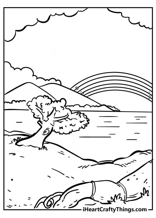 Printable page featuring rainbow coming from two mountain peaks and little trees growing on the shore