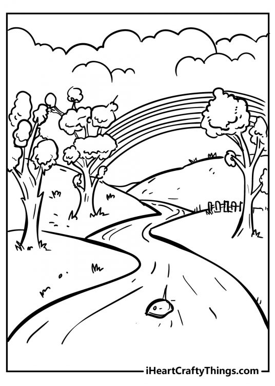 Free coloring sheet to download and print depicting a village stream with a rainbow over it