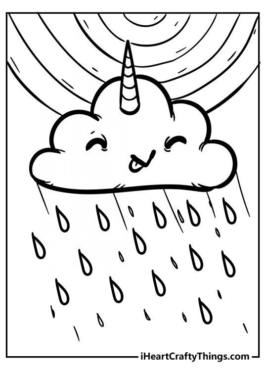 Detailed picture for children featuring little rainy cloud with the unicorn horn and a rainbow over it
