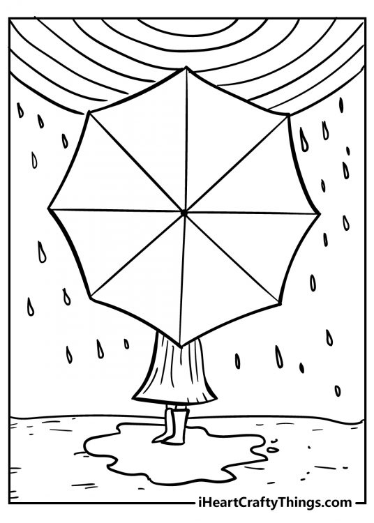 Printable card featuring lady on a walk in the rain under a big umbrella with a rainbow shining above
