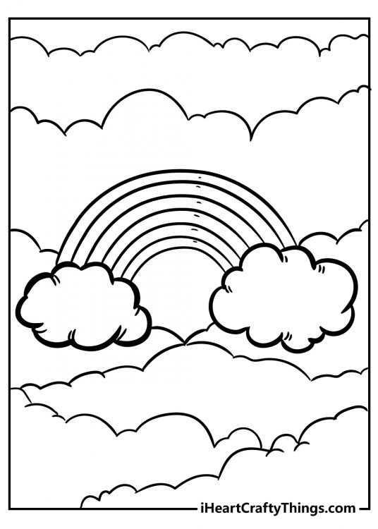 Printable image presenting minimalistic rainbow coming out of two clouds with more clouds in the background