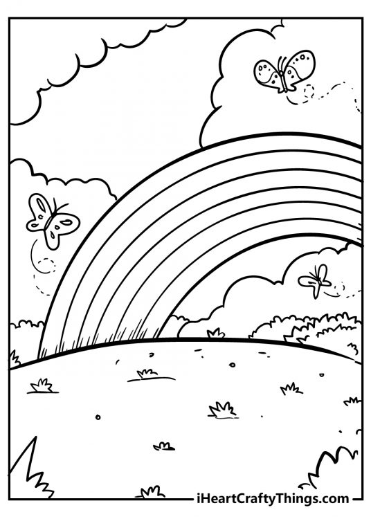 Detailed printable coloring page depicting butterflies fluttering around a rainbow