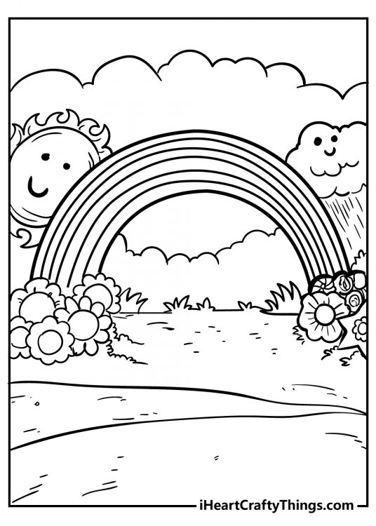 Detailed drawing depicting pretty flowers sitting at both ends of the rainbow with clouds and sun behind it