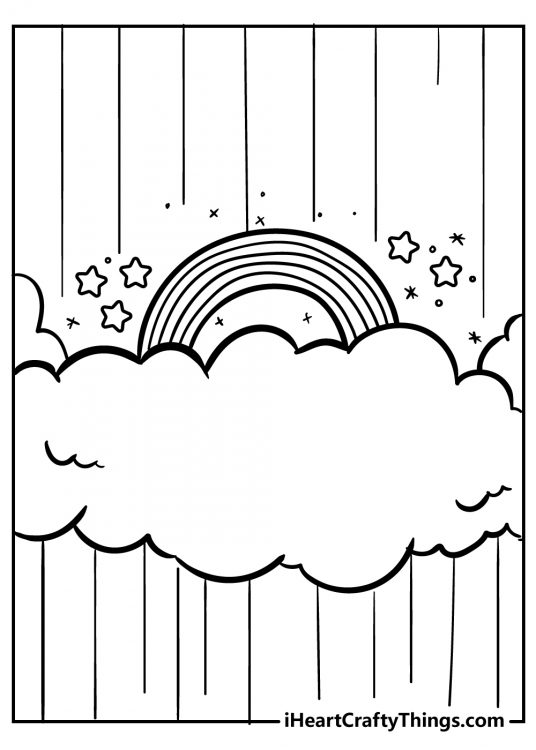 Black-and-white drawing depicting tiny rainbow on a huge cloud with stars all around it