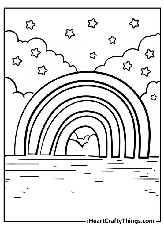Image of an interesting design rainbow with a space between each strip of color surrounded by stars and clouds