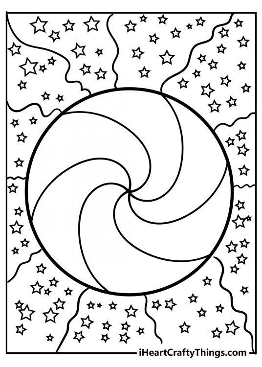 Coloring page of a rainbow circle with the background devided into segments filled in with stars
