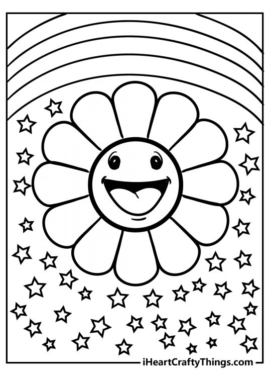 Coloring printable for kids of a cartoony flower with a happy face surrounded by stars and a rainbow