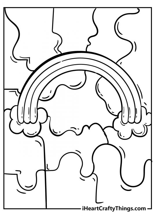 Picture to color featuring rainbow in front of a background looking like melting puzzle