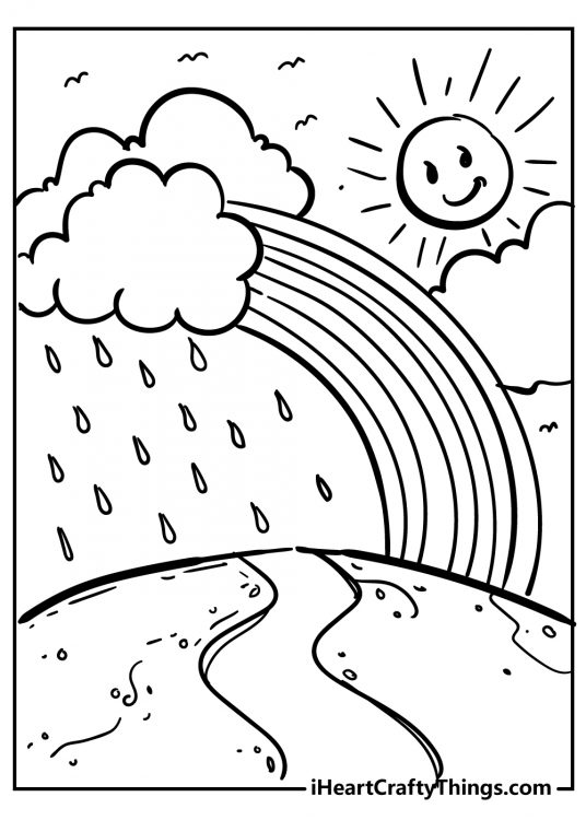 Free printable pdf for children depicting rainbow in between smiling sun and raining cloud