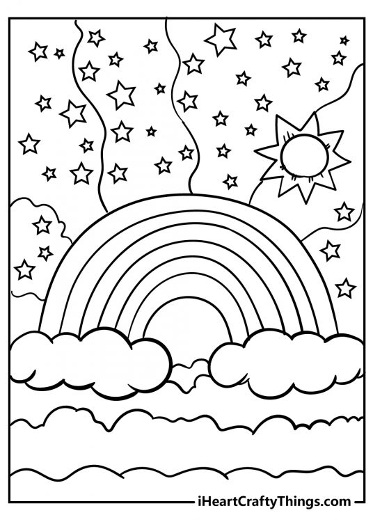 Picture presenting rainbow in the centre with clouds under it and stars with a sun above it