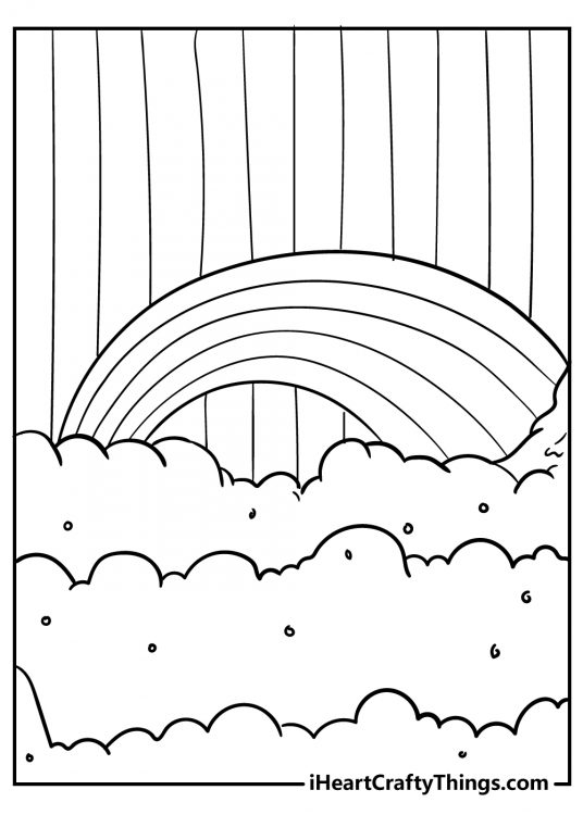 Printable wallpaper depicting rainbow in front of a striped background with fluffy clouds under it