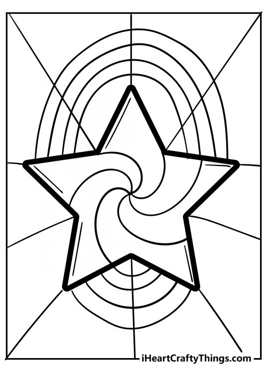 Coloring image depicting swirling star with a rainbow coming from the top and the bottom