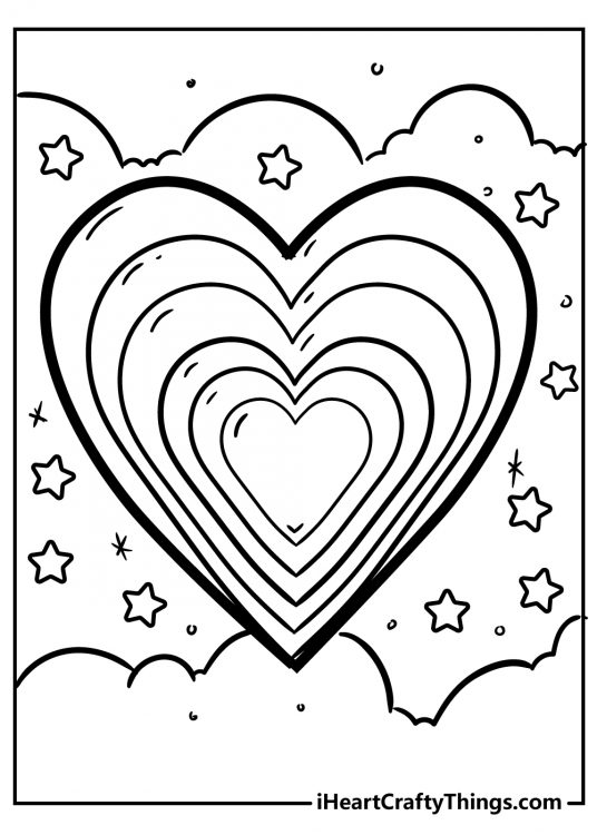 Printable coloring poster featuring heart-shaped rainbow with stars and clouds all around it