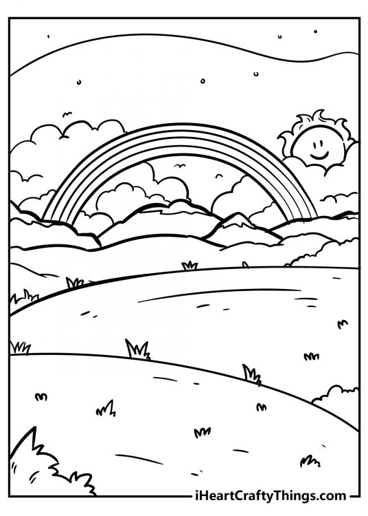 Image featuring a rainbow over the mountains and cartoony sun with smiling face in the background
