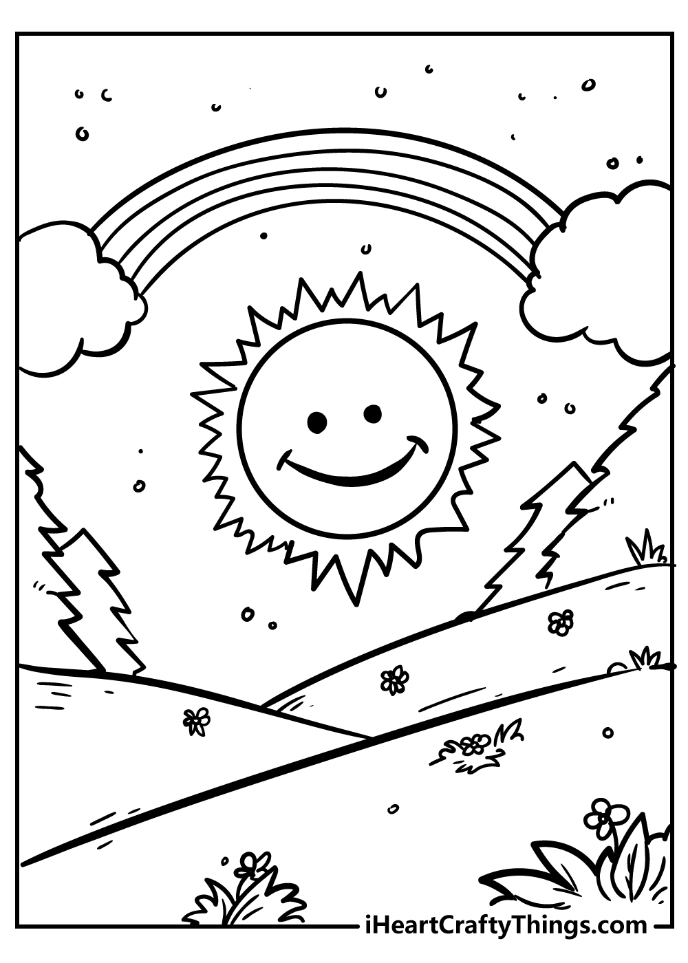 simple coloring page for kids of a rainbow and a sun. cute and easy design  that you can print on standard A4 paper ilustração do Stock