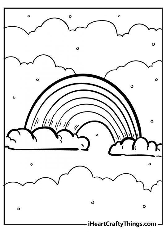 Black-and-white drawing for kids depicting rainbow in the sky coming out of two clouds