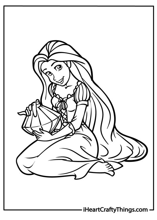 Printable coloring page featuring sitting Rapunzel holding one of the floating lanterns in her hands