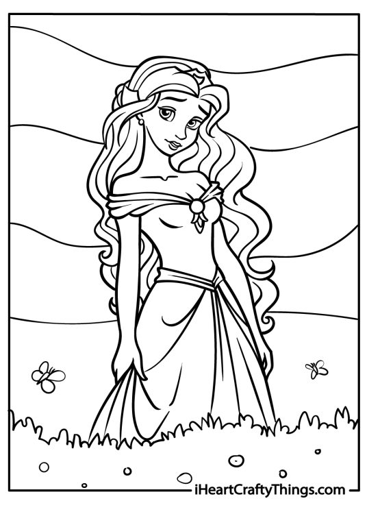 Rapunzel coloring printable featuring her posing in the nature with sky separated into different sections