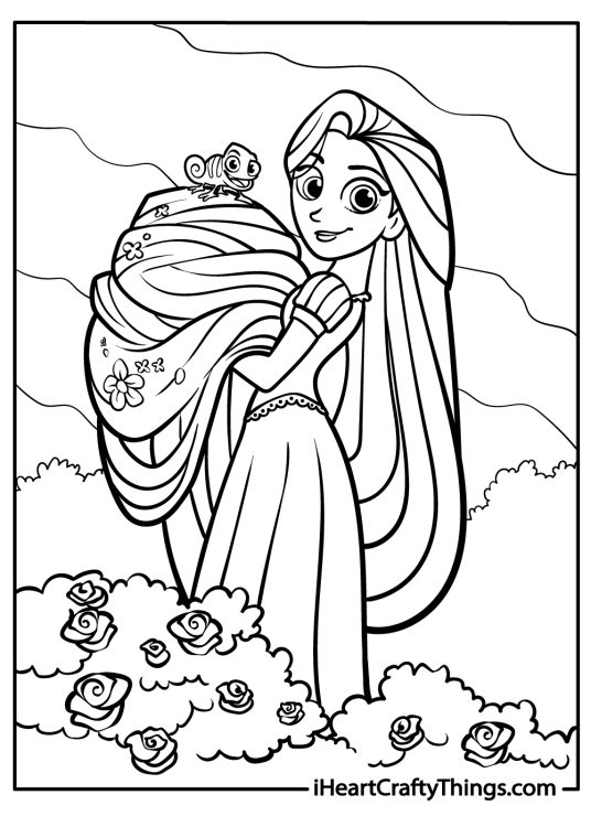 Printable picture to color featuring Rapunzel posing with Pascal sat on the hair gathered in her arms