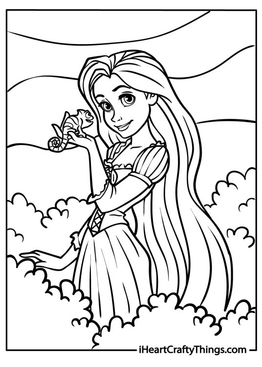 Detailed coloring page featuring Rapunzel holding chameleon Pascal in one hand while on a walk outside