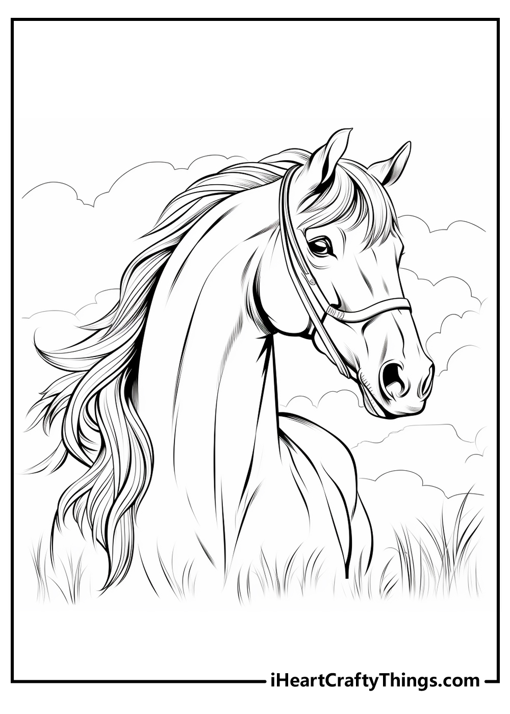 black-and-white realistic horse free coloring printable