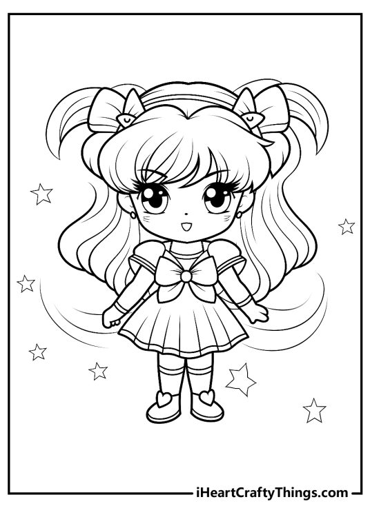 Printable coloring page of a cute little Sailor Moon posing with arms at her sides surrounded by stars