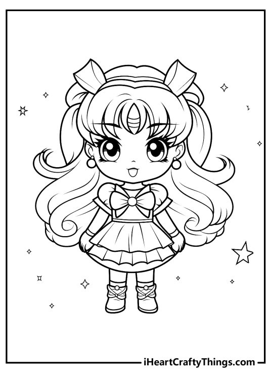 Detailed coloring picture of a little Sailor Moon smiling sweetly with her signature flowing pigtails