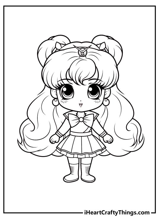 Detailed picture of young Sailor Moon wearing signature red bow, sailor scout uniform and knee-high boots
