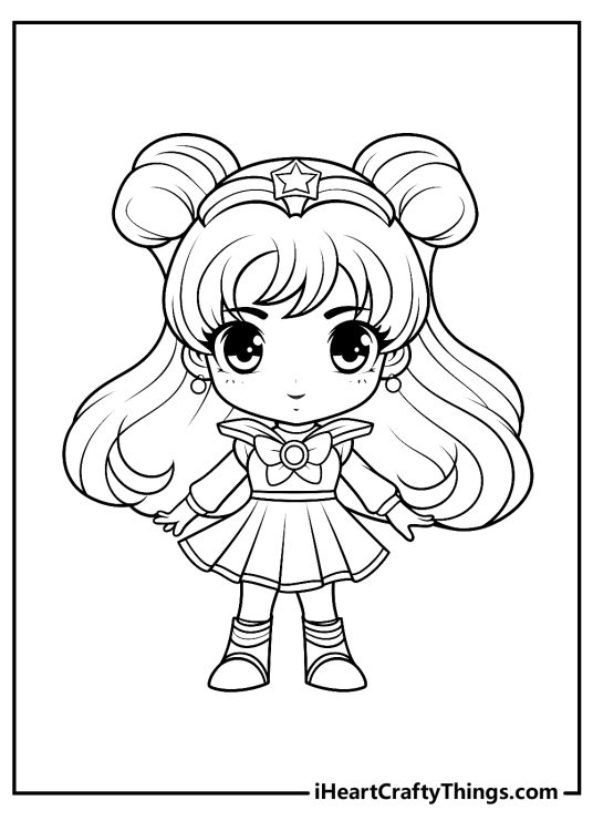Coloring sheet of a little Sailor Moon smiling happily with her signature odango hairstyle and hair bows