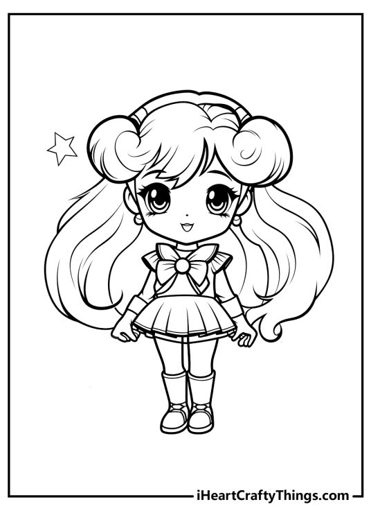 Black-and-white printable pdf for children of a young Sailor Moon posing in her signature outfit